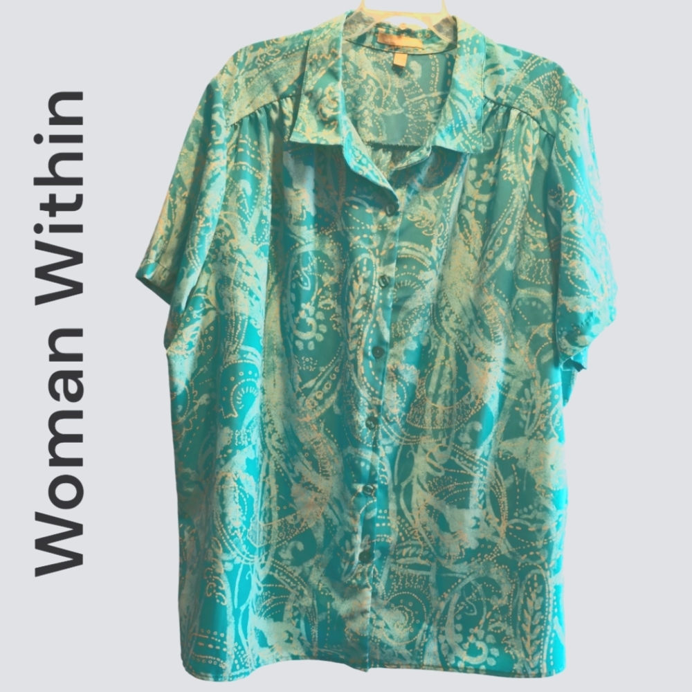 Woman Within Turquoise Paisley Button Down Short Sleeve Plus Size 26/28